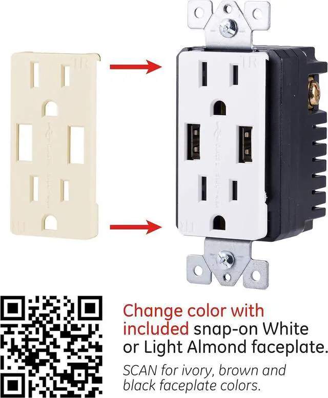 Alt view image 3 of 7 - GE In-Wall USB Receptacle, 2 Outlets, 2 USB Outlet, Tamper-resistant, Electrical Outlet, 4.8A/24W, White and Light Almond, No Wall plate, 40405