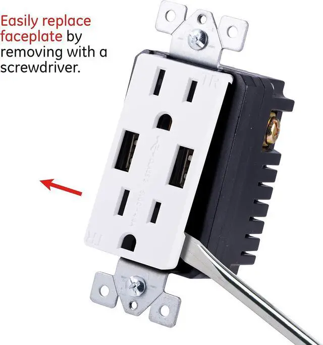 Alt view image 4 of 7 - GE In-Wall USB Receptacle, 2 Outlets, 2 USB Outlet, Tamper-resistant, Electrical Outlet, 4.8A/24W, White and Light Almond, No Wall plate, 40405