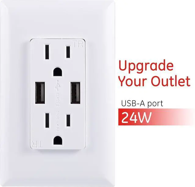 Alt view image 6 of 7 - GE In-Wall USB Receptacle, 2 Outlets, 2 USB Outlet, Tamper-resistant, Electrical Outlet, 4.8A/24W, White and Light Almond, No Wall plate, 40405