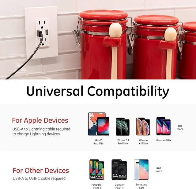 Alt view image 7 of 7 - GE In-Wall USB Receptacle, 2 Outlets, 2 USB Outlet, Tamper-resistant, Electrical Outlet, 4.8A/24W, White and Light Almond, No Wall plate, 40405