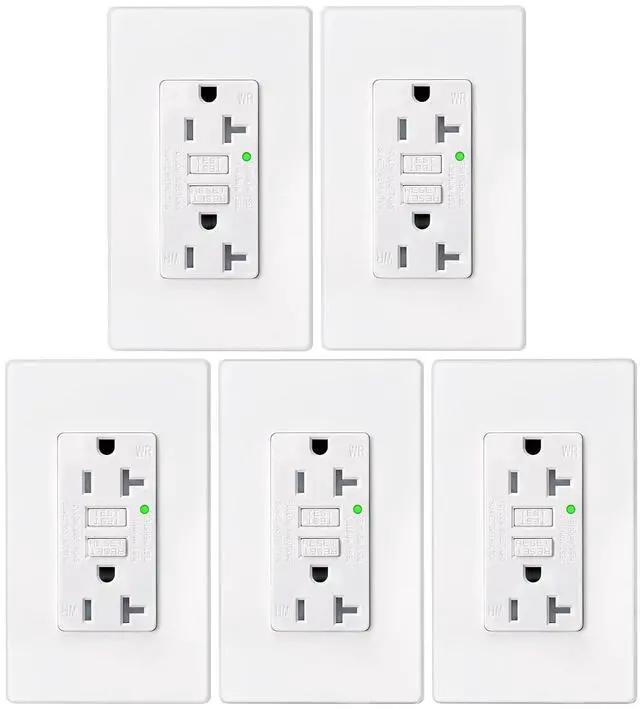 Main image of GFCI Outlet 20 amp GFI Electrical Outlet 20 amp Outdoor GFCI Outlet Weather Resistant Self-Test Exterior Outlet 20amp Ground Fault Outlet GFI Outlet with LED Indicator UL Listed White 5 Pack