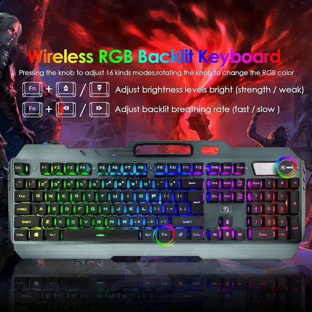 Alt view image 2 of 7 - Wireless Gaming Keyboard and Mouse, Rechargeable, Rainbow Backlit with 3800mAh Battery Metal Panel,Mechanical Feel Keyboard and 7 Color Mute Mouse for Windows Computer Gamers