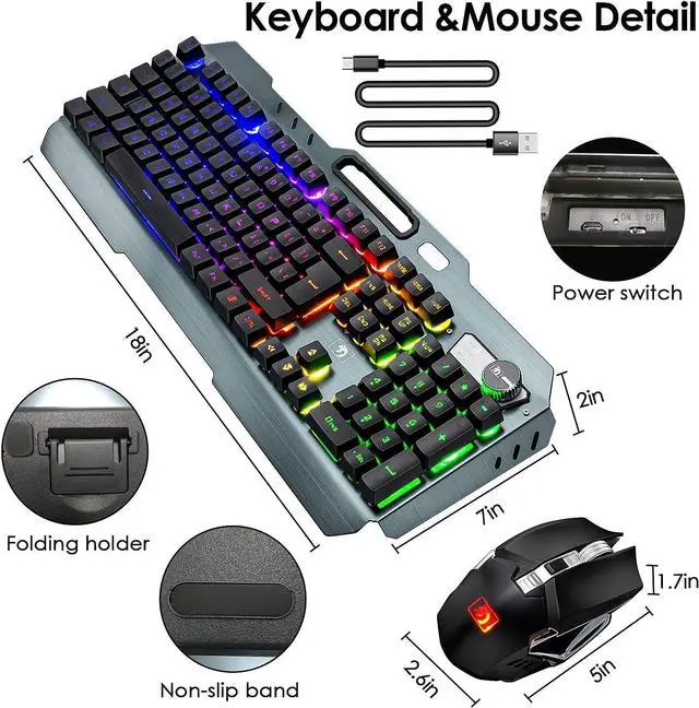 Alt view image 7 of 7 - Wireless Gaming Keyboard and Mouse, Rechargeable, Rainbow Backlit with 3800mAh Battery Metal Panel,Mechanical Feel Keyboard and 7 Color Mute Mouse for Windows Computer Gamers