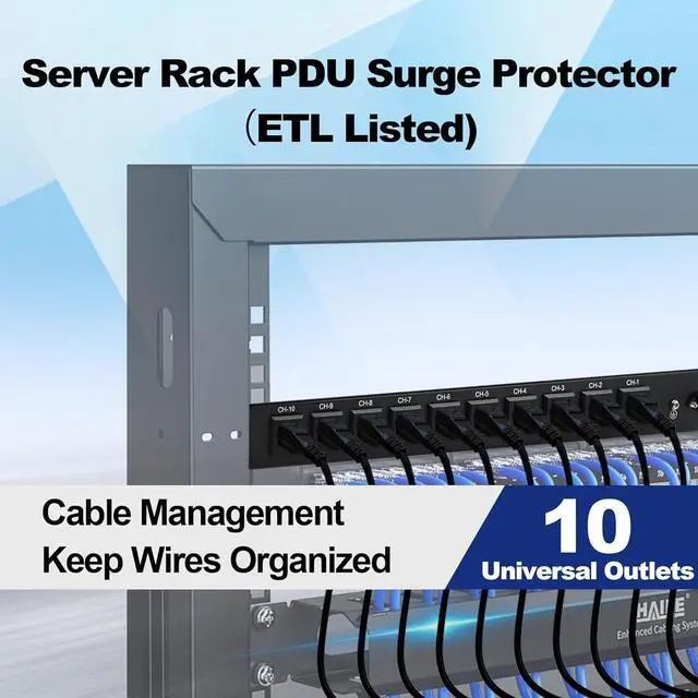 Alt view image 5 of 7 - 10 Outlet Horizontal 1U PDU Rack Mount Power Strip - Surge Protection,10 Individual Led SwitchesAC 100V-240V-15A.for Network Server Racks, 6 ft Heavy Power Cord, ETL Listed