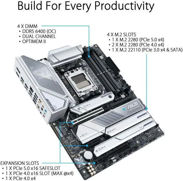 Alt view image 3 of 5 - ASUS Prime X670E-PRO WIFI 6E Socket AM5 (LGA 1718) Ryzen 7000 ATX Motherboard (PCIe 5.0, DDR5, 14+2 Teamed Power Stages, 4x M.2 slots, USB 3.2 Gen 2x2 Type-C, USB4 Support, WIFI 6E, and 2.5G Ethernet)
