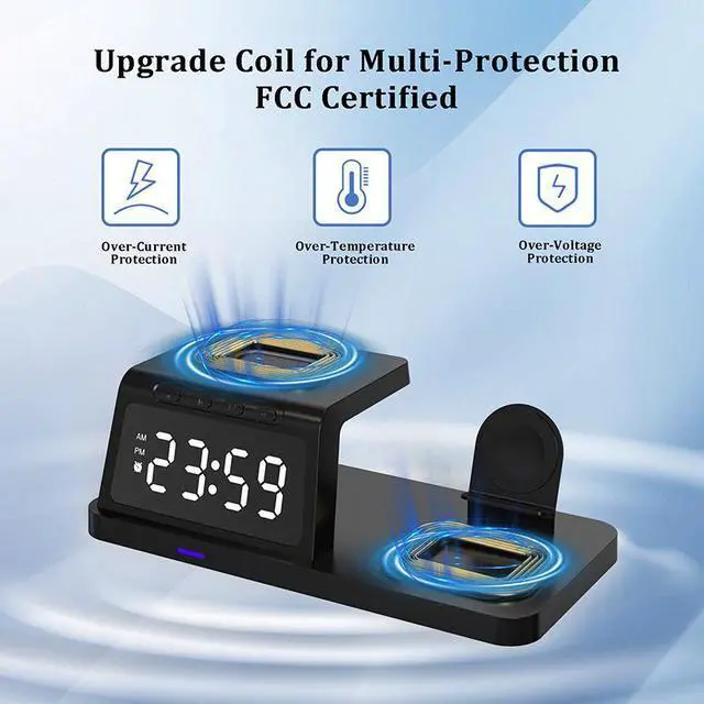 Alt view image 5 of 7 - eYotto 4 in 1 Wireless Charger, Fast Wireless Charger Stand for iPhone/ Samsung Galaxy/ Google Pixel/ Google Nexus/ Huawei/ Xiaomi/ LG, Airpods, Apple Watch, Alarm Clock with Multi Modes, Black