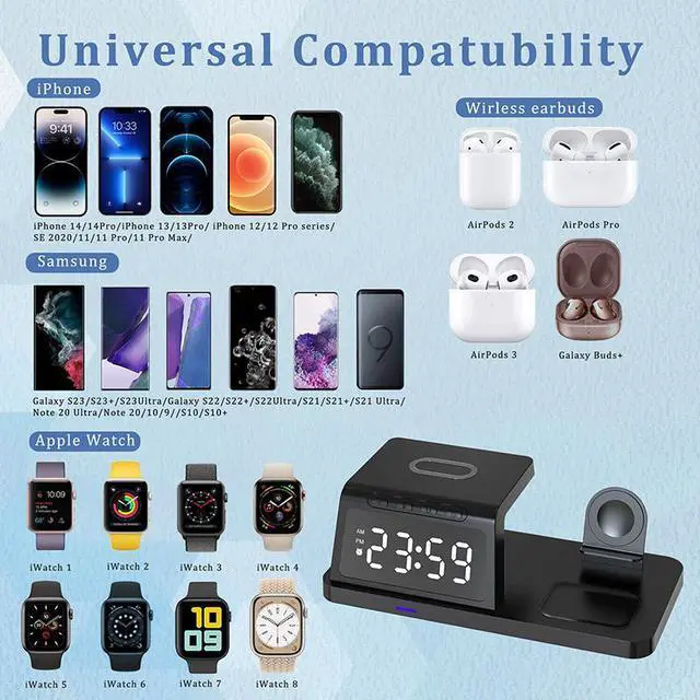 Alt view image 3 of 7 - eYotto 4 in 1 Wireless Charger, Fast Wireless Charger Stand for iPhone/ Samsung Galaxy/ Google Pixel/ Google Nexus/ Huawei/ Xiaomi/ LG, Airpods, Apple Watch, Alarm Clock with Multi Modes, Black