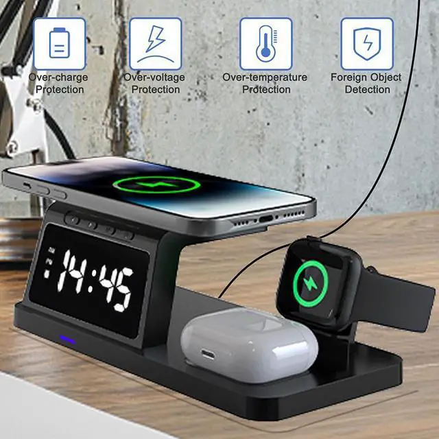 Alt view image 4 of 7 - eYotto 4 in 1 Wireless Charger, Fast Wireless Charger Stand for iPhone/ Samsung Galaxy/ Google Pixel/ Google Nexus/ Huawei/ Xiaomi/ LG, Airpods, Apple Watch, Alarm Clock with Multi Modes, Black