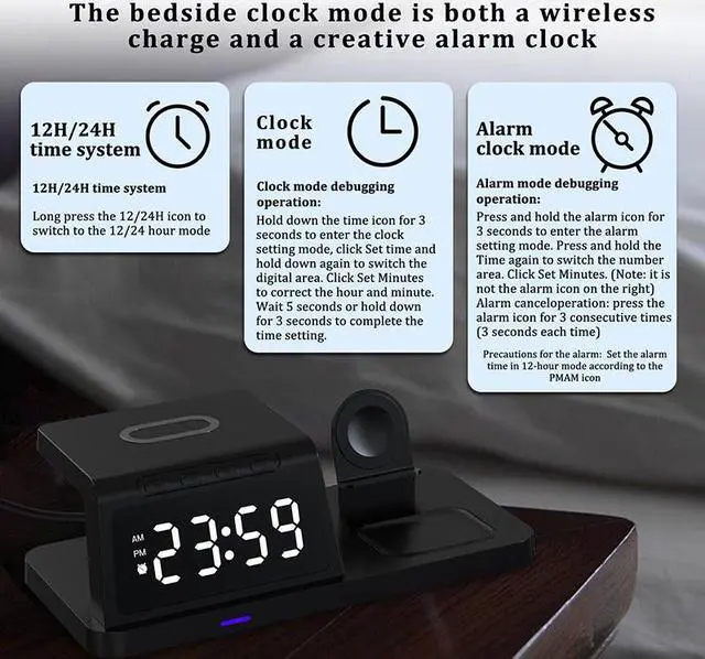 Alt view image 6 of 7 - eYotto 4 in 1 Wireless Charger, Fast Wireless Charger Stand for iPhone/ Samsung Galaxy/ Google Pixel/ Google Nexus/ Huawei/ Xiaomi/ LG, Airpods, Apple Watch, Alarm Clock with Multi Modes, Black