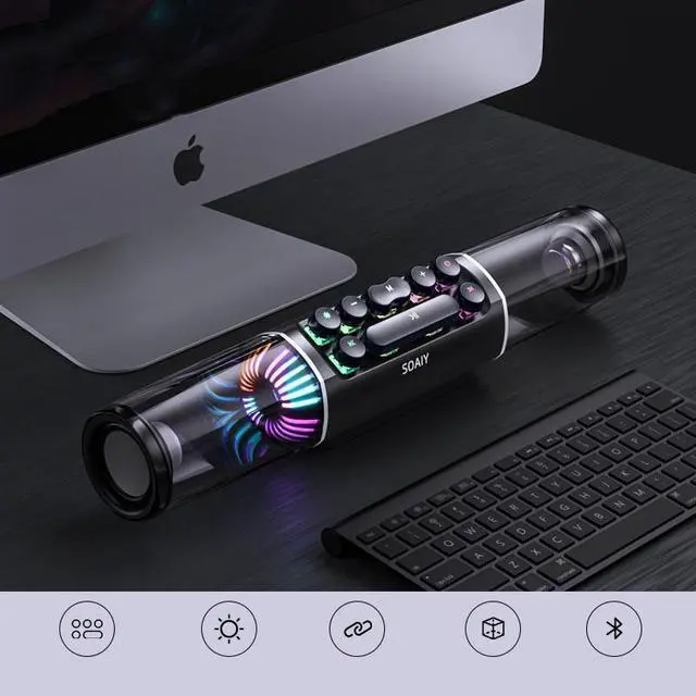Alt view image 2 of 6 - SOAIY Computer Speakers, RGB PC Soundbar Gaming 10 Mode, 16W Stereo PC Speakers with Deep Bass, 14" Portable Computer Sound Bar Battery Powered, Bluetooth, Desktop Monitor Speaker 3.5mm AUX-in