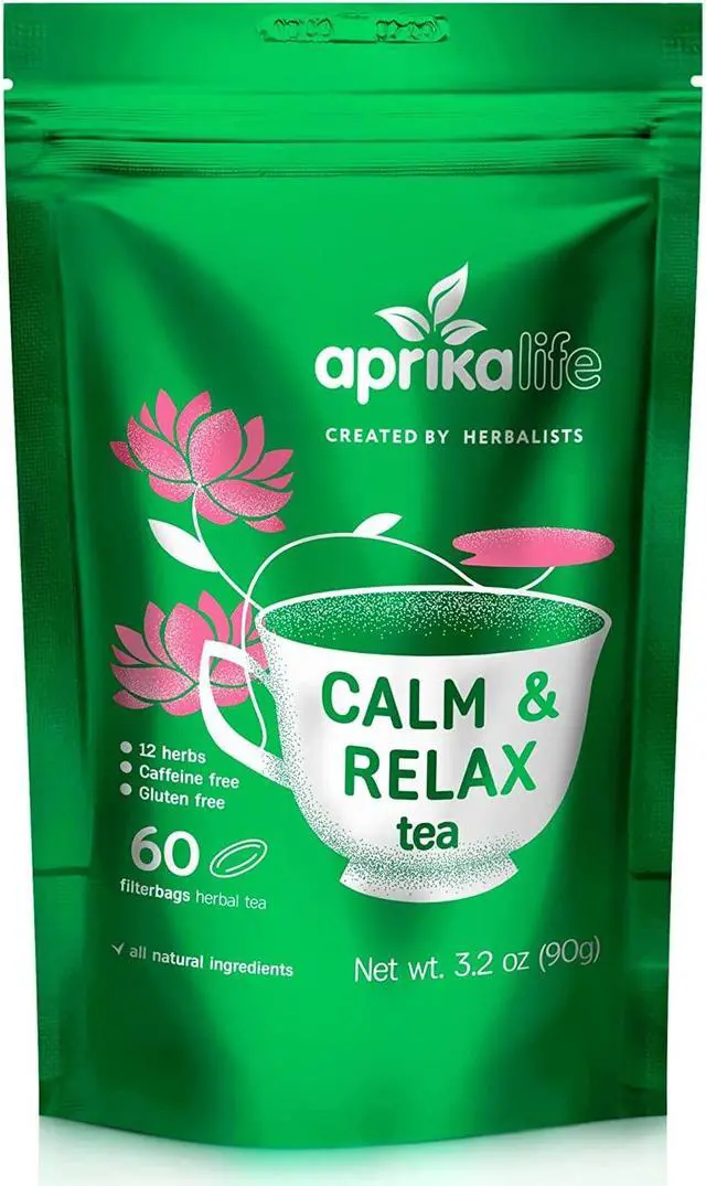 Main image of AprikaLife - Calm and Relax Herbal Tea, Stress Relief + Relaxation + Sleep Tea with Chamomile, Peppermint and Lavender - 60 bags. Delicious, Soothes Nerves, Improves Mood
