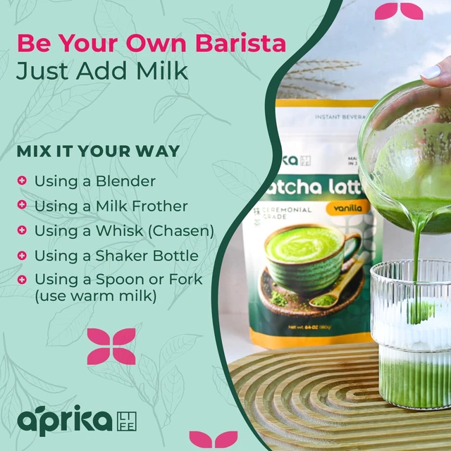 Alt view image 5 of 7 - AprikaLife Sweet Matcha Latte Mix - 1st Harvest Ceremonial Grade - 6.4 oz
Japanese Ceremonial Grade Matcha Latte Powder, Natural Vanilla Flavor. Mix with Milk for Hot & Iced Lattes. Barista Style.
