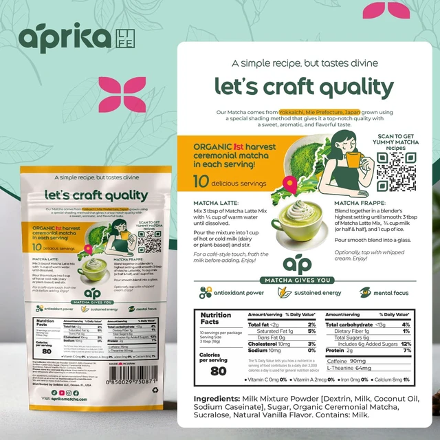 Alt view image 7 of 7 - AprikaLife Sweet Matcha Latte Mix - 1st Harvest Ceremonial Grade - 6.4 oz
Japanese Ceremonial Grade Matcha Latte Powder, Natural Vanilla Flavor. Mix with Milk for Hot & Iced Lattes. Barista Style.