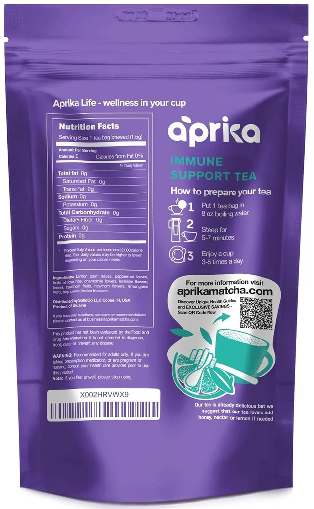 Alt view image 2 of 7 - Aprika Life Immune Support Tea with Soothing, Delicious Lemon Balm, Peppermint, Rose Hips, Chamomile, Lavender, Lemongrass. Rich in Vitamins & Antioxidants - 60 Bags