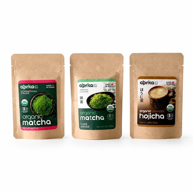 Main image of Aprika Life Japanese Matcha & Hojicha Powder Set, 3-Pack, 30g Cafe Grade Matcha, 30g Ceremonial Matcha, 20g Hojicha Powder