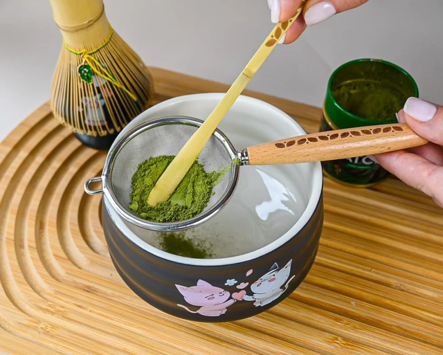 Alt view image 4 of 7 - Aprika Life Matcha Whisk Set 6 Pcs - Ceramic Matcha Bowl, Bamboo Whisk, Matcha Whisk Holder, Scoop, Sifter & Tea Cloth - Traditional Handmade Matcha Set - Unfurl Black with Cat print