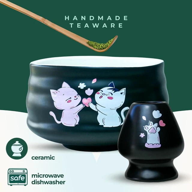 Alt view image 5 of 7 - Aprika Life Matcha Whisk Set 6 Pcs - Ceramic Matcha Bowl, Bamboo Whisk, Matcha Whisk Holder, Scoop, Sifter & Tea Cloth - Traditional Handmade Matcha Set - Unfurl Black with Cat print