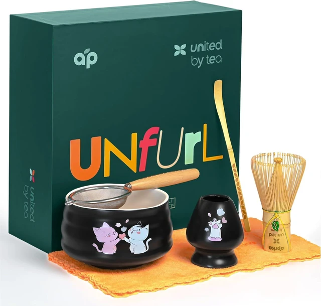 Main image of Aprika Life Matcha Whisk Set 6 Pcs - Ceramic Matcha Bowl, Bamboo Whisk, Matcha Whisk Holder, Scoop, Sifter & Tea Cloth - Traditional Handmade Matcha Set - Unfurl Black with Cat print