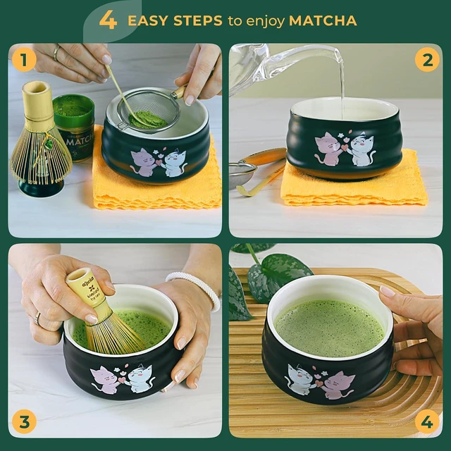 Alt view image 3 of 7 - Aprika Life Matcha Whisk Set 6 Pcs - Ceramic Matcha Bowl, Bamboo Whisk, Matcha Whisk Holder, Scoop, Sifter & Tea Cloth - Traditional Handmade Matcha Set - Unfurl Black with Cat print