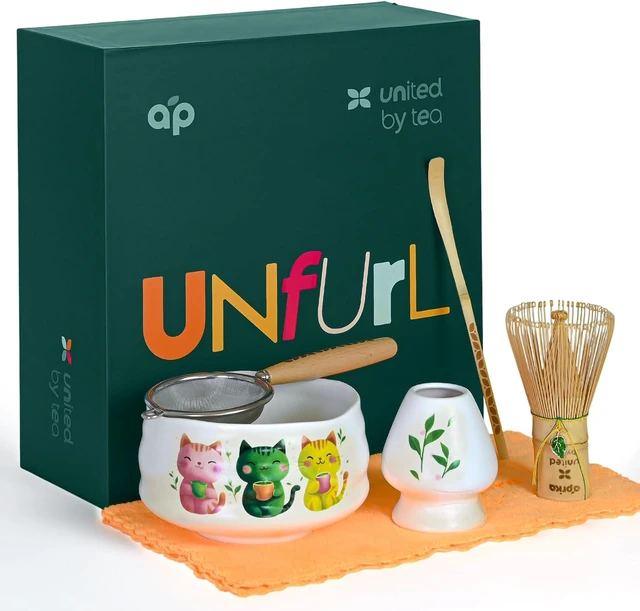Main image of Aprika Life Matcha Whisk Set 6 Pcs - Ceramic Matcha Bowl, Bamboo Whisk, Matcha Whisk Holder, Scoop, Sifter & Tea Cloth - Traditional Handmade Matcha Set - Unfurl Matt White with Cat print