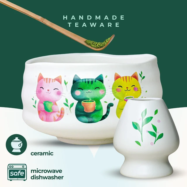 Alt view image 7 of 7 - Aprika Life Matcha Whisk Set 6 Pcs - Ceramic Matcha Bowl, Bamboo Whisk, Matcha Whisk Holder, Scoop, Sifter & Tea Cloth - Traditional Handmade Matcha Set - Unfurl Matt White with Cat print