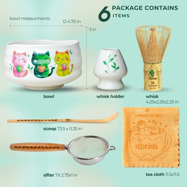 Alt view image 2 of 7 - Aprika Life Matcha Whisk Set 6 Pcs - Ceramic Matcha Bowl, Bamboo Whisk, Matcha Whisk Holder, Scoop, Sifter & Tea Cloth - Traditional Handmade Matcha Set - Unfurl Matt White with Cat print