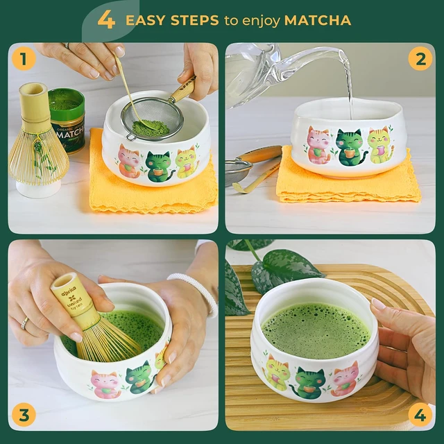 Alt view image 6 of 7 - Aprika Life Matcha Whisk Set 6 Pcs - Ceramic Matcha Bowl, Bamboo Whisk, Matcha Whisk Holder, Scoop, Sifter & Tea Cloth - Traditional Handmade Matcha Set - Unfurl Matt White with Cat print