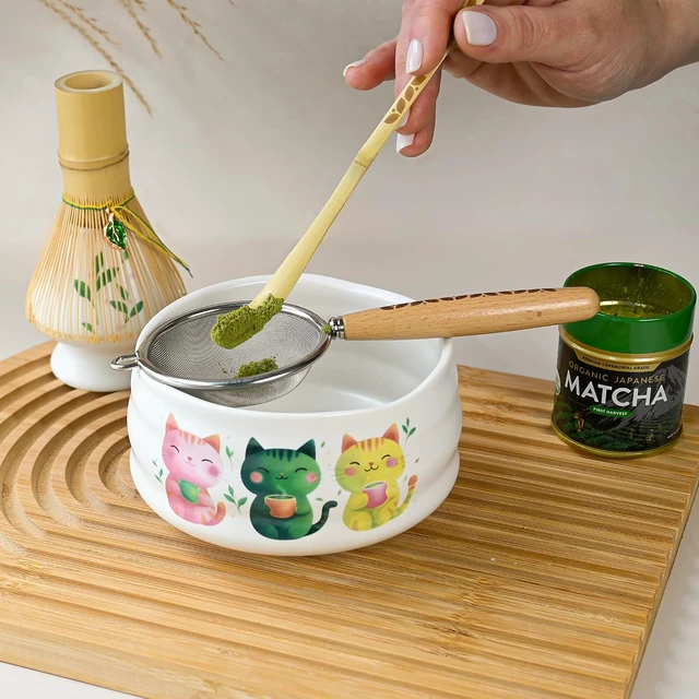 Alt view image 4 of 7 - Aprika Life Matcha Whisk Set 6 Pcs - Ceramic Matcha Bowl, Bamboo Whisk, Matcha Whisk Holder, Scoop, Sifter & Tea Cloth - Traditional Handmade Matcha Set - Unfurl Matt White with Cat print