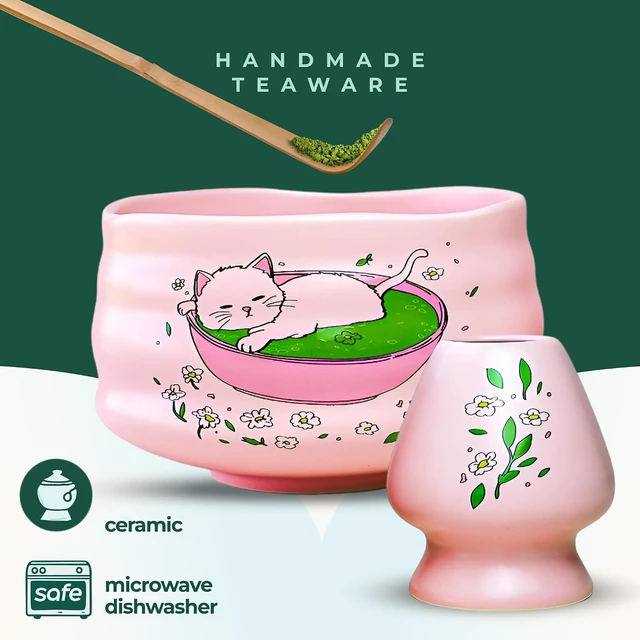 Alt view image 6 of 7 - Aprika Life Matcha Whisk Set 6 Pcs - Ceramic Matcha Bowl, Bamboo Whisk, Matcha Whisk Holder, Scoop, Sifter & Tea Cloth - Traditional Handmade Matcha Set - Unfurl Pink with Cat print