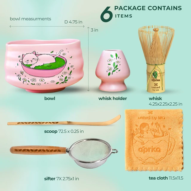 Alt view image 3 of 7 - Aprika Life Matcha Whisk Set 6 Pcs - Ceramic Matcha Bowl, Bamboo Whisk, Matcha Whisk Holder, Scoop, Sifter & Tea Cloth - Traditional Handmade Matcha Set - Unfurl Pink with Cat print