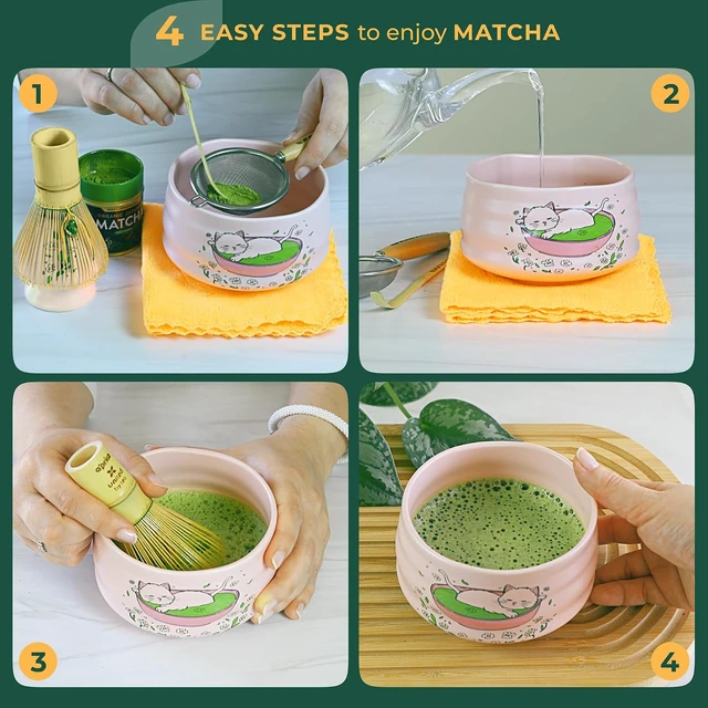 Alt view image 4 of 7 - Aprika Life Matcha Whisk Set 6 Pcs - Ceramic Matcha Bowl, Bamboo Whisk, Matcha Whisk Holder, Scoop, Sifter & Tea Cloth - Traditional Handmade Matcha Set - Unfurl Pink with Cat print