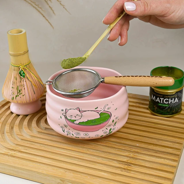 Alt view image 2 of 7 - Aprika Life Matcha Whisk Set 6 Pcs - Ceramic Matcha Bowl, Bamboo Whisk, Matcha Whisk Holder, Scoop, Sifter & Tea Cloth - Traditional Handmade Matcha Set - Unfurl Pink with Cat print