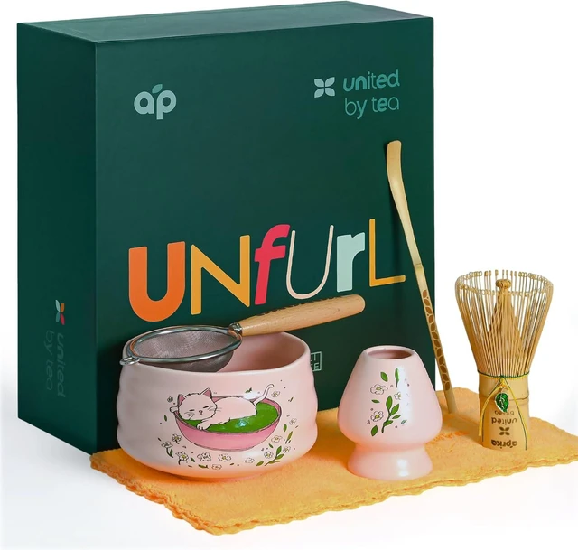 Main image of Aprika Life Matcha Whisk Set 6 Pcs - Ceramic Matcha Bowl, Bamboo Whisk, Matcha Whisk Holder, Scoop, Sifter & Tea Cloth - Traditional Handmade Matcha Set - Unfurl Pink with Cat print