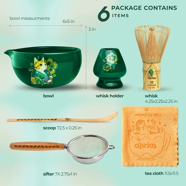 Alt view image 3 of 7 - Cat Matcha Set Green, Bowl with Whisk Holder Scoop Sifter and Cloth, Japanese Tea Ceremony Kit, Unfurl Gift Box