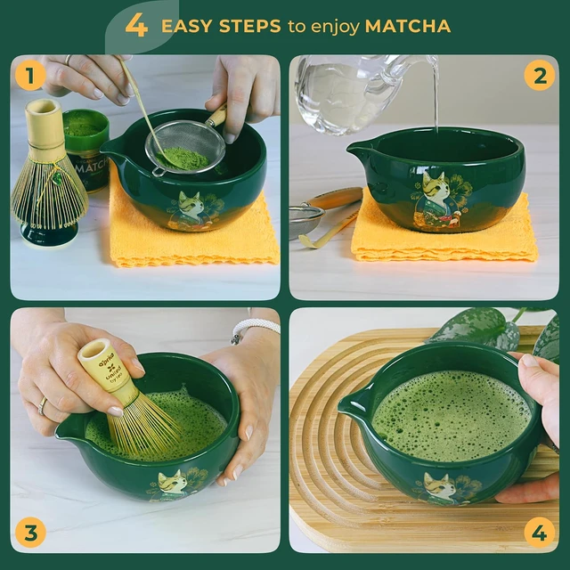 Alt view image 4 of 7 - Cat Matcha Set Green, Bowl with Whisk Holder Scoop Sifter and Cloth, Japanese Tea Ceremony Kit, Unfurl Gift Box