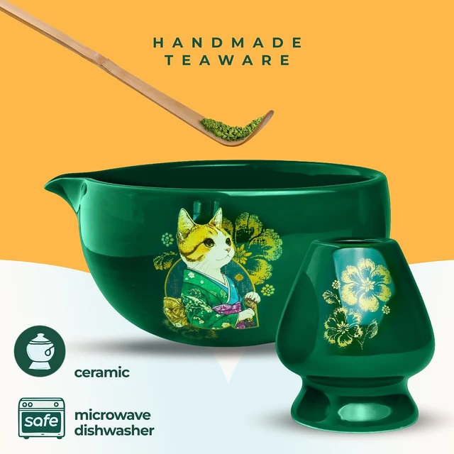 Alt view image 5 of 7 - Cat Matcha Set Green, Bowl with Whisk Holder Scoop Sifter and Cloth, Japanese Tea Ceremony Kit, Unfurl Gift Box