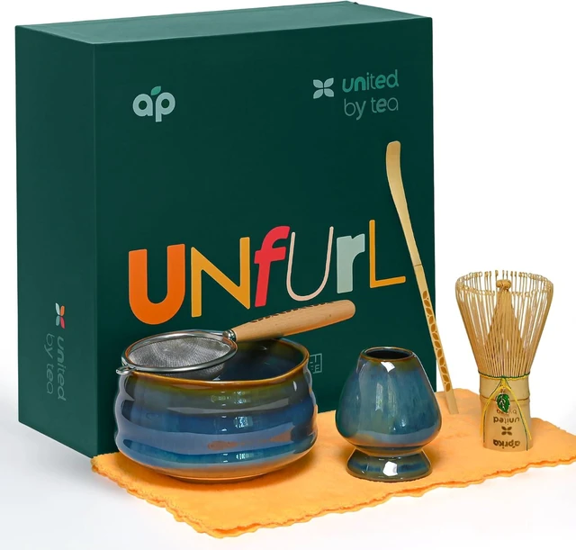 Main image of Aprika Life Matcha Whisk Set 6 Pcs - Ceramic Matcha Bowl, Bamboo Whisk, Matcha Whisk Holder, Scoop, Sifter & Tea Cloth - Traditional Handmade Matcha Set - Unfurl Blue