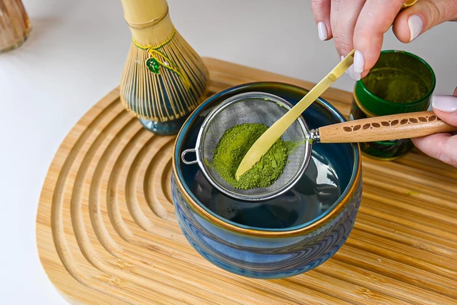 Alt view image 4 of 7 - Aprika Life Matcha Whisk Set 6 Pcs - Ceramic Matcha Bowl, Bamboo Whisk, Matcha Whisk Holder, Scoop, Sifter & Tea Cloth - Traditional Handmade Matcha Set - Unfurl Blue
