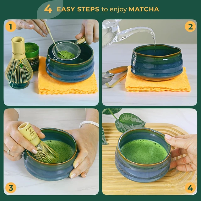 Alt view image 5 of 7 - Aprika Life Matcha Whisk Set 6 Pcs - Ceramic Matcha Bowl, Bamboo Whisk, Matcha Whisk Holder, Scoop, Sifter & Tea Cloth - Traditional Handmade Matcha Set - Unfurl Blue