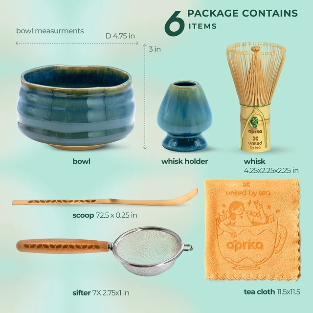 Alt view image 3 of 7 - Aprika Life Matcha Whisk Set 6 Pcs - Ceramic Matcha Bowl, Bamboo Whisk, Matcha Whisk Holder, Scoop, Sifter & Tea Cloth - Traditional Handmade Matcha Set - Unfurl Blue