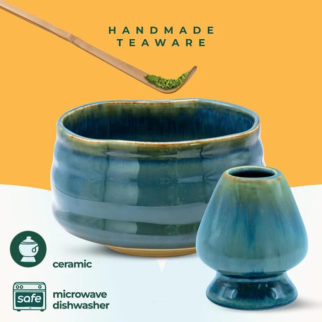 Alt view image 7 of 7 - Aprika Life Matcha Whisk Set 6 Pcs - Ceramic Matcha Bowl, Bamboo Whisk, Matcha Whisk Holder, Scoop, Sifter & Tea Cloth - Traditional Handmade Matcha Set - Unfurl Blue