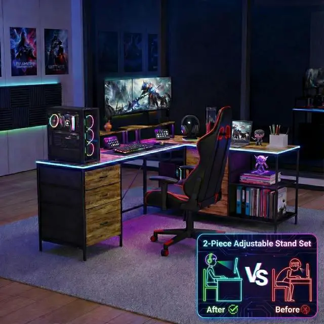 Alt view image 4 of 7 - Casheey 114" L-Shaped Gaming Desk with USB-C Charging Station, Large Dual-Person Computer Workstation with 6 Storage Drawers, 3 Shelves & Movable Monitor Risers - Rustic Brown