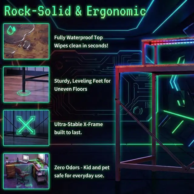 Alt view image 5 of 7 - Casheey 114" L-Shaped Gaming Desk with USB-C Charging Station, Large Dual-Person Computer Workstation with 6 Storage Drawers, 3 Shelves & Movable Monitor Risers - Rustic Brown