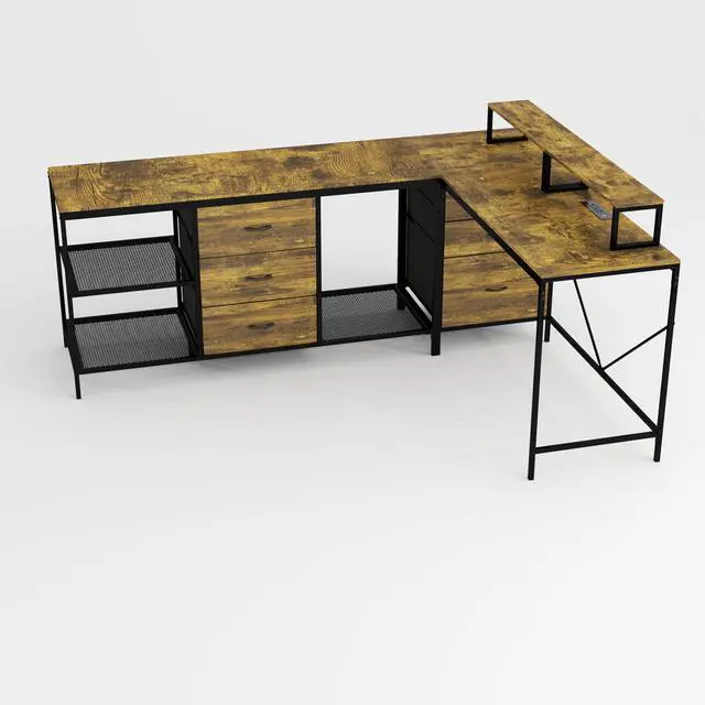 Alt view image 2 of 7 - Casheey 114" L-Shaped Gaming Desk with USB-C Charging Station, Large Dual-Person Computer Workstation with 6 Storage Drawers, 3 Shelves & Movable Monitor Risers - Rustic Brown