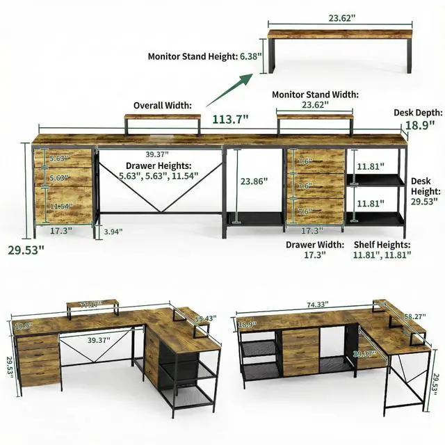 Alt view image 3 of 7 - Casheey 114" L-Shaped Gaming Desk with USB-C Charging Station, Large Dual-Person Computer Workstation with 6 Storage Drawers, 3 Shelves & Movable Monitor Risers - Rustic Brown