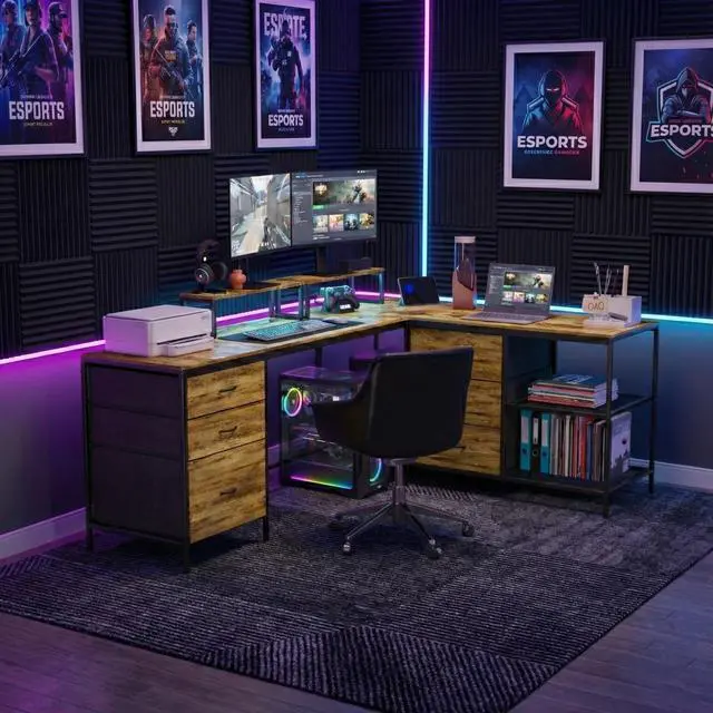 Alt view image 6 of 7 - Casheey 114" L-Shaped Gaming Desk with USB-C Charging Station, Large Dual-Person Computer Workstation with 6 Storage Drawers, 3 Shelves & Movable Monitor Risers - Rustic Brown