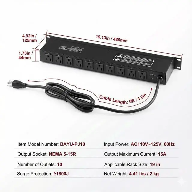 Main image of 1U Rack Mount PDU Power Distribution Unit - Standard 19-Inch Network Server Cabinet Power Strip, Heavy-Duty 14AWG Copper Wire, Automatic Overload Protection Circuit Breaker, 6FT Extension Cord