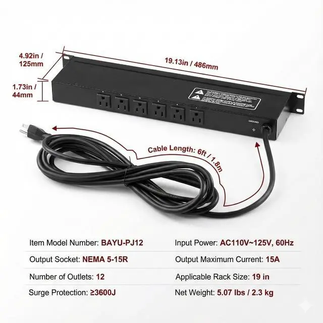 Main image of 1U Rack Mount PDU Power Distribution Unit - Standard 19-Inch Network Server Cabinet Power Strip, Heavy-Duty 14AWG Copper Wire, Automatic Overload Protection Circuit Breaker, 6FT Extension Cord