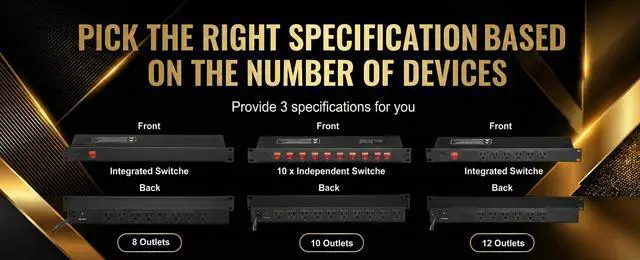 Alt view image 3 of 3 - 1U Rack Mount PDU Power Distribution Unit - Standard 19-Inch Network Server Cabinet Power Strip, Heavy-Duty 14AWG Copper Wire, Automatic Overload Protection Circuit Breaker, 6FT Extension Cord