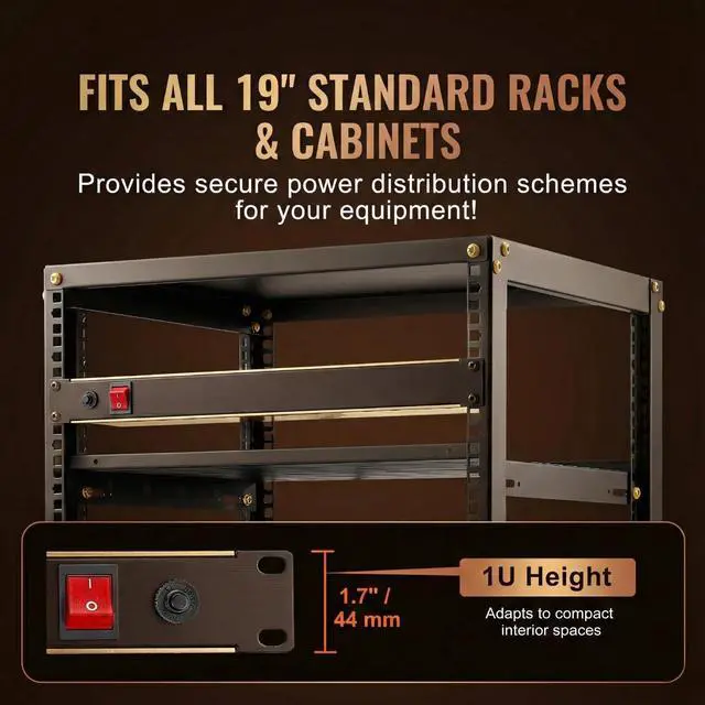 Alt view image 2 of 4 - 1U Rack Mount PDU Power Distribution Unit - Standard 19-Inch Network Server Cabinet Power Strip, Heavy-Duty 14AWG Copper Wire, Automatic Overload Protection Circuit Breaker, 6FT Extension Cord